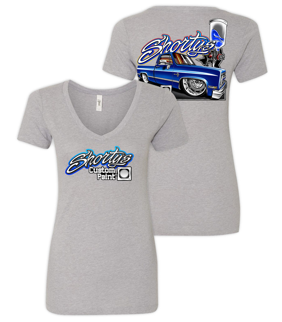 Gray t-shirt with 'Shorty's Custom Paint' logo on front and a blue squarebody truck graphic on back