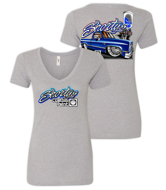 Gray t-shirt with 'Shorty's Custom Paint' logo on front and a blue squarebody truck graphic on back
